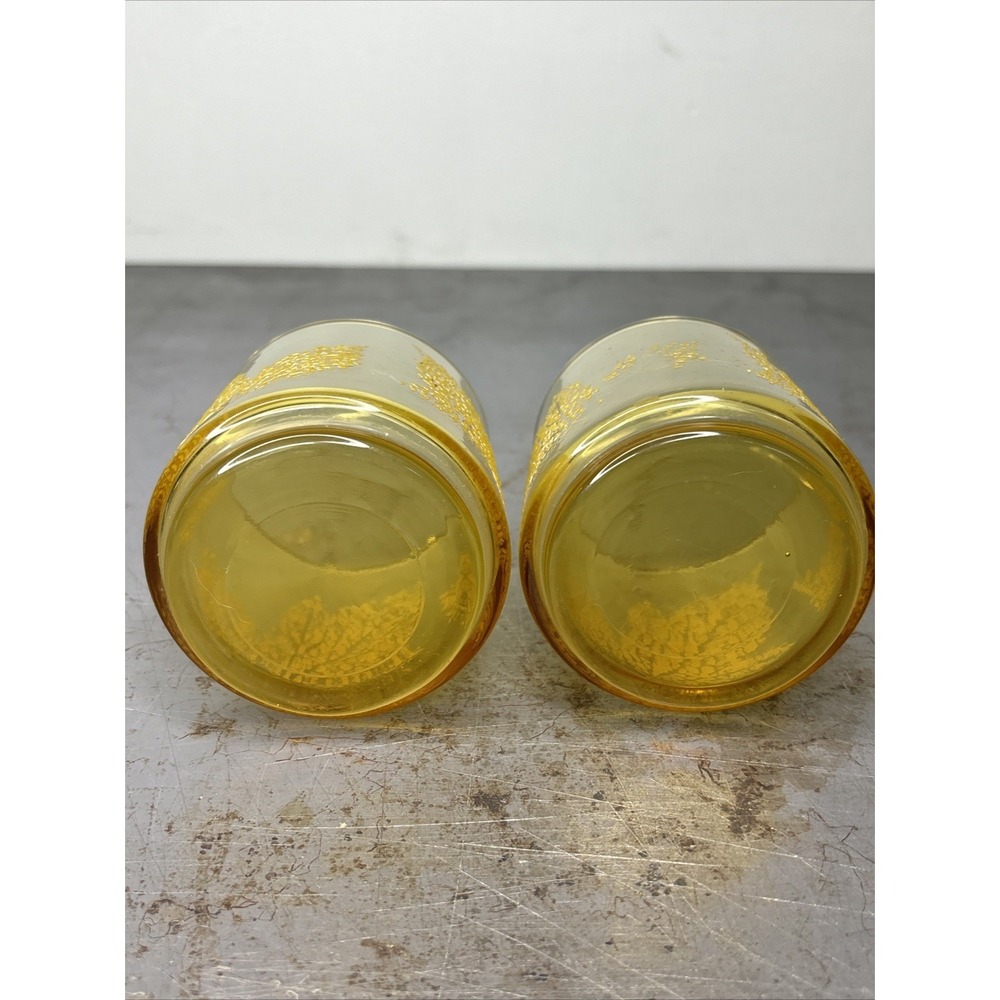Vintage Amber Glass Leaf Embossed Lowball Juice Glasses MCM Cocktail - Picture 6 of 7